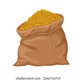 Bag with wheat grain vector illustration. Cartoon open heavy burlap sack with whole barley pile or dry cereal seeds for making bread or beer, packaging full of grains, agricultural organic crop