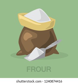 Bag of wheat white flour and a shove. Product for baking and bread making. Brown sack. Isolated vector illustration