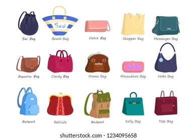 Bag for women set. Collection of handbag of different styles. Accessories and fashion industry. Isolated vector illustration in cartoon style