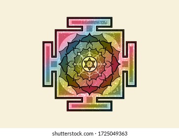 Bagalamukhi Yantra Mandala, old colorful sacred Tibetan diagram the vital energy. Hinduism Bhuvaneshwari Yantra Prakriti, Dasa Mahavidya sacred geometry, divine bhupura lotus petals and 6 pointed star
