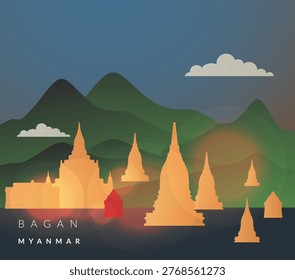 Bagan Buddhist temples and pagodas in Myanmar - Burma - Stock Illustration as EPS 10 File