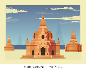 Bagan Buddhist temples and pagodas in Myanmar - Burma - Stock Illustration as EPS 10 File