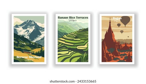 Bagan, Myanmar. Banaue Rice Terraces, Philippines. Bernese Oberland, Switzerland - Set of 3 Vintage Travel Posters. Vector illustration. High Quality Prints