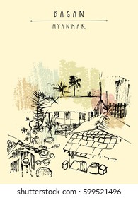 Bagan, Myanmar (Burma). A guest house backyard. Bamboo houses. Sketchy drawing. Travel poster, postcard, banner in vector