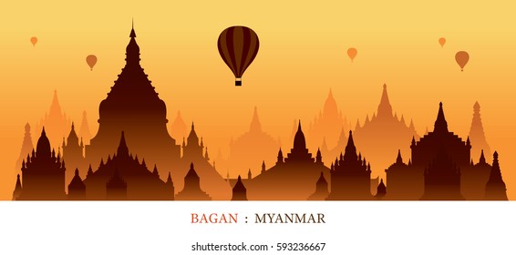 Bagan, Myanmar, Landmarks Silhouette Sunrise Background, Cityscape, Travel and Tourist Attraction