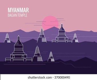 Bagan Temple at Sunrise. destination scene of Myanmar. thin line flat design. vector illustration