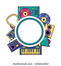 bagde stereo vinyl speaker headphones music festival on white background vector illustration