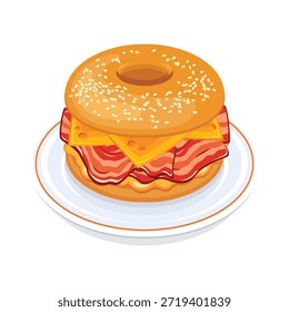 Bagel mit Speck, Ei und Käse, Vektorgrafik. Sesambagel-Sandwich auf Tellersymbol einzeln auf weißem Hintergrund