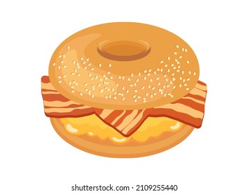 Bagel With Bacon And Scrambled Eggs Icon Vector. Breakfast Bagel With Bacon And Eggs Icon Isolated On A White Background