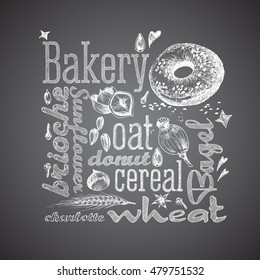 Bagel, bakery shop vector illustration. Isolated pastries element and hand drawn lettering with spices. Sketch style design for menu or cooking book. Chalk imitation.