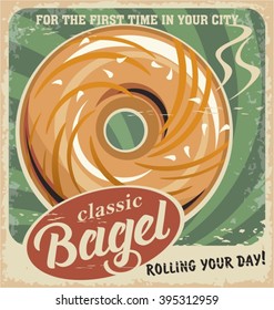 Bagel bakery vintage poster design. Retro pastry sign on old paper. Restaurant or bar interior wall decoration. Promotional ad or flyer concept. Fresh baked products. Drawn bagel.