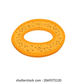 Bagel. Hermoso y apetitoso bagel dorado salpicado de semillas de amapola. Icono, clipart para sitio web, aplicación de panadería, entrega de comida, tienda de panadería, colección de recetas. Ilustración plana vectorial, estilo de dibujos animados.