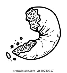 Bagel bitten off piece with crumbs. Hand drawn doodle vector. Baked tasty food for breakfast. Bread ring. Confectionery round bun. Bakery cafe menu. Illustration line art element.