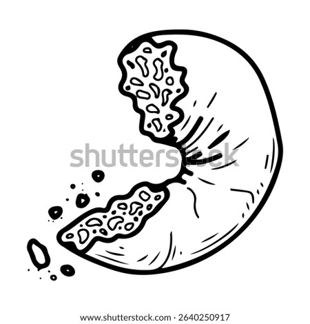 Bagel bitten off piece with crumbs. Hand drawn doodle vector. Baked tasty food for breakfast. Bread ring. Confectionery round bun. Bakery cafe menu. Illustration line art element.