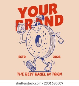 Bagel-Brotcharakter, Retro-Mascot-Zeichen, Maskottchen-Vorlage