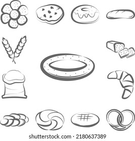 Bagel, bread hand drawn icon in a collection with other items