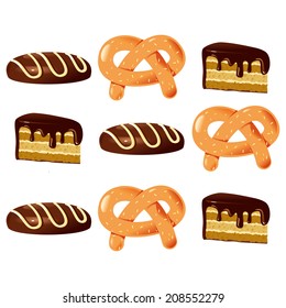 Bagel and cake color vector illustration on white background.