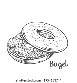 Bagel with cream cheese and smoked salmon. Drawn traditional sandwich with cream cheese and salmon. New York Bagel outline vector illustration.