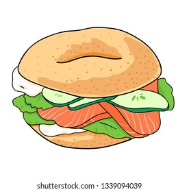 Bagel with cucumber, salmon, cream cheese. Hand drawn illustration isolated on white. Vector