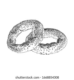 Bagel donut, retro hand drawn vector illustration. Traditional circular bread with sesame or poppy, vintage sketch style on a white background.