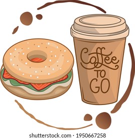 Bagel donut sandwitch with salmon, vegetables and coffee cup to go illustration. Coffee cup stain on the white background. Isolated simple cartoon Flat logo for cafe coffee house or bakery, fastfood.