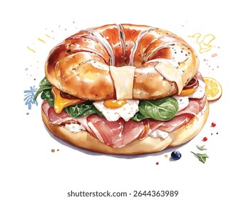 Bagel egg ham cheese sandwich breakfast watercolor painting to vector