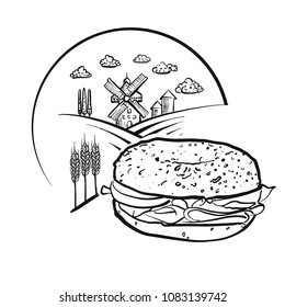 Bagel and Farm Logo Sketch. Vector label sign.