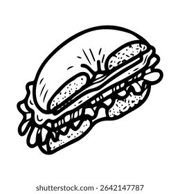 Bagel with filling cut in half. Hand drawn doodle vector. Baked tasty breakfast food. Bread ring. Confectionery bun. Bakery cafe menu. Sandwich with salad, salmon, cheese. Illustration line art.