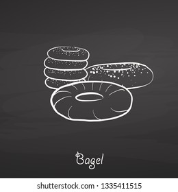 Bagel Food Sketch On Chalkboard. Vector Drawing Of Yeast Bread, Usually Known In Polish, Ashkenazi, Jewish. Food Illustration Series.