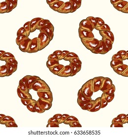 Bagel full color seamless pattern, hand drawn vector illustration