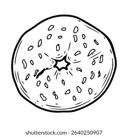 Bagel with grains. Hand drawn doodle vector. Baked tasty food for breakfast. Bread ring. Confectionery round bun. Bakery cafe menu. Illustration line art element.