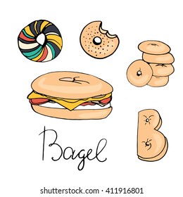 Bagel hand drawn set illustration. Can be used for t-shirt, banner, card and other design projects.