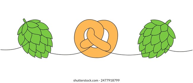 Bagel, hop cones one line colored continuous drawing. Beer pub products continuous one line illustration. Vector linear illustration.