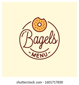 Bagel Menu Logo. Round Linear Logo Of Bagel Bakery On Yellow Background