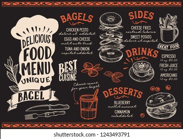 Bagel menu template for restaurant on a blackboard background vector illustration brochure for gourmet food and drink cafe. Design layout with chefs hat lettering and doodle hand-drawn graphic.