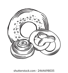 Bagel, pretzel and Cinnamon roll bun. Bakery goods from wheat. Vector illustration linear, isolated. Sketch of traditional bread food products. Template for wrapping, cookbook, menu, showcase, website