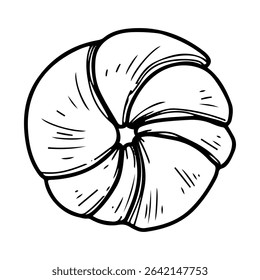 Bagel from puff pastry. Hand drawn doodle vector. Baked tasty food for breakfast. Bread ring. Confectionery round bun. Bakery cafe menu. Illustration line art element.