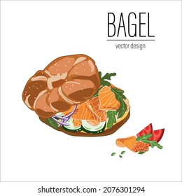 Bagel salmon sandwich with cream cheese, cucumbers and arugula drawn in sketch style and isolated on white background.Tasty and healthy breakfast, food.Fresh pastries.Vector illustration