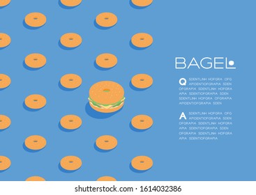 Bagel sandwich 3D isometric pattern, Fast food burger concept poster and social banner post horizontal design illustration isolated on brown background with copy space, vector eps 10