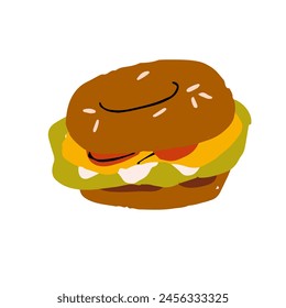 Bagel sandwich. Burger with donut of bread, meat fillings, salad leaf, sesame. Tasty dish, delicious food for lunch. Snack for breakfast eating. Flat isolated vector illustration on white background