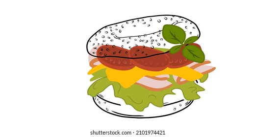 Bagel sandwich with cheese, ham, tomato, basil and lactuca sativa isolated on white background. Linear style. Hand-drawn. Doodle. For web design, icons, packaging, menu or interior design.