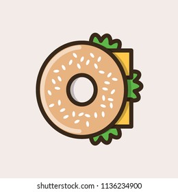 Bagel sandwich with cheese and salad leaves. Colorful isolated vector icon in flat style with outline for your project