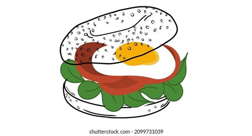 Bagel sandwich with egg, spinach and tomato  isolated on white background. Linear style. Hand-drawn. Doodle. For web design, icons, packaging, menu or interior design.