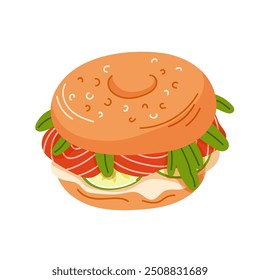 Sanduíche de bagel repleto de salmão defumado, creme de queijo, fatias de pepino e árgula em estilo cartoon. Design para café da manhã café, menu restaurante. Ilustração vetorial isolada em um fundo branco.