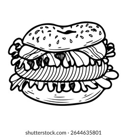 Bagel sandwich. Hand drawn doodle vector. Baked tasty breakfast food. Bread ring for hamburger with meat and vegetables. Confectionery round bun. Bakery cafe menu. Illustration line art element.