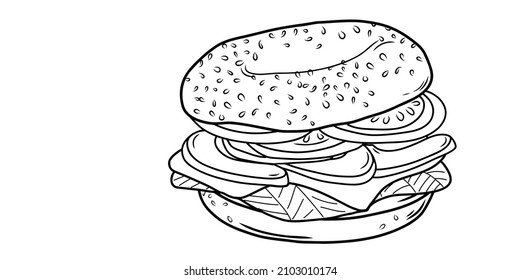 Bagel sandwich isolated on white background with salmon, cheese, tomato and avocado  Linear style. Hand-drawn. Doodle. For web design, icons, packaging, menu or interior design.