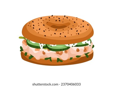 Sándwich de Bagel con tofu de puré, verduras y relleno vegetal. Comida rápida vegetariana, bocadillo, comer con pepino, microverde, nueces. Ilustración vectorial gráfica plana aislada en fondo blanco