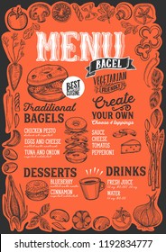 Bagel and sandwich menu template for restaurant on red background vector illustration brochure for food and drink cafe. Design layout with vintage lettering and frame of hand-drawn graphic vegetables.