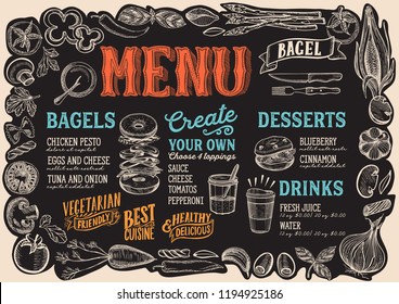 Bagel and sandwich menu template for restaurant on a blackboard background vector illustration brochure for food and drink cafe. Design layout with vintage lettering and frame of hand-drawn graphic ve