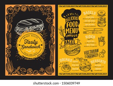 Bagel and sandwich menu template for restaurant on a blackboard background vector illustration brochure for food and drink cafe. Design layout with lettering and doodle hand-drawn graphic icons.